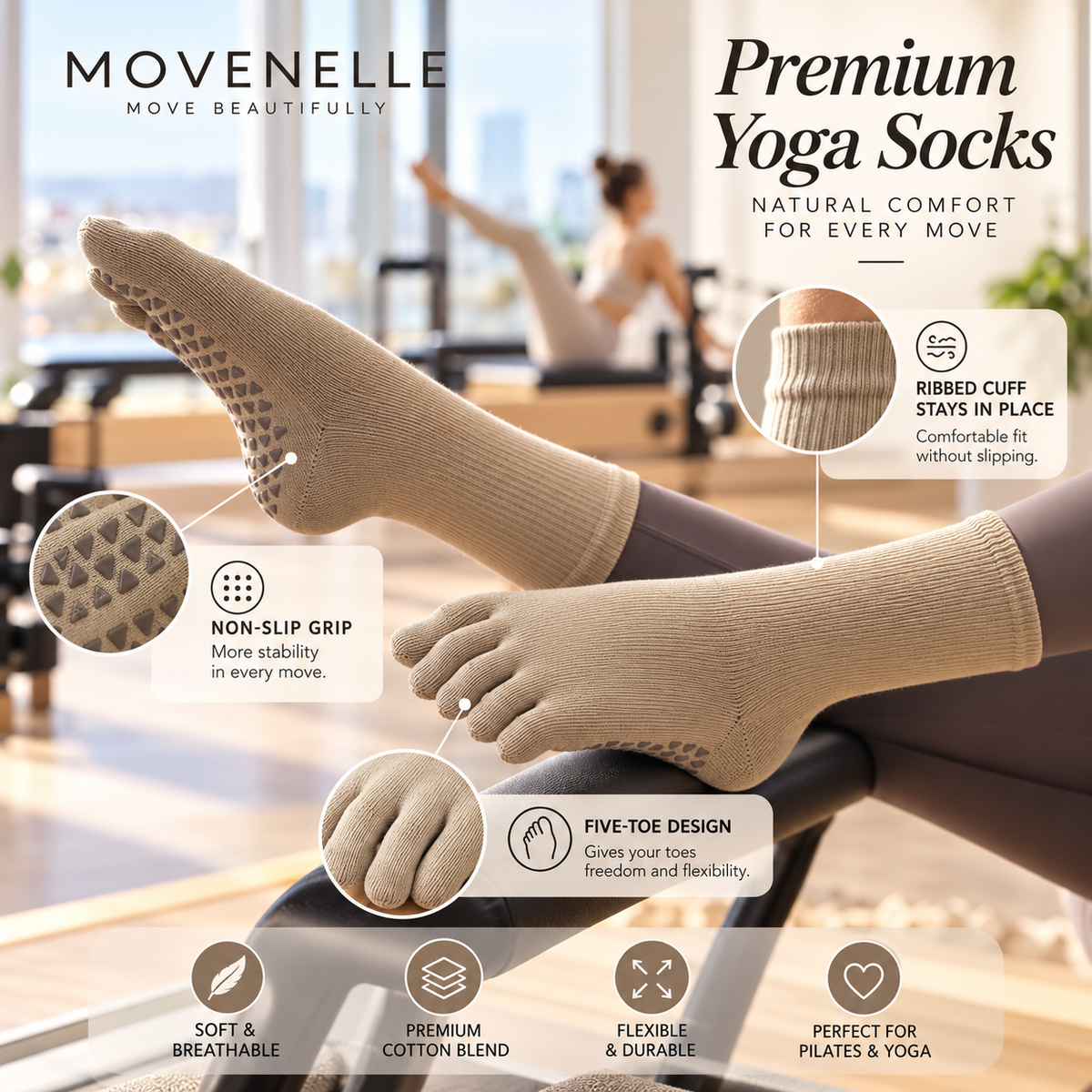 Mid-Calf Five-Toe Grip Socks | Pilates & Yoga Non-Slip Socks