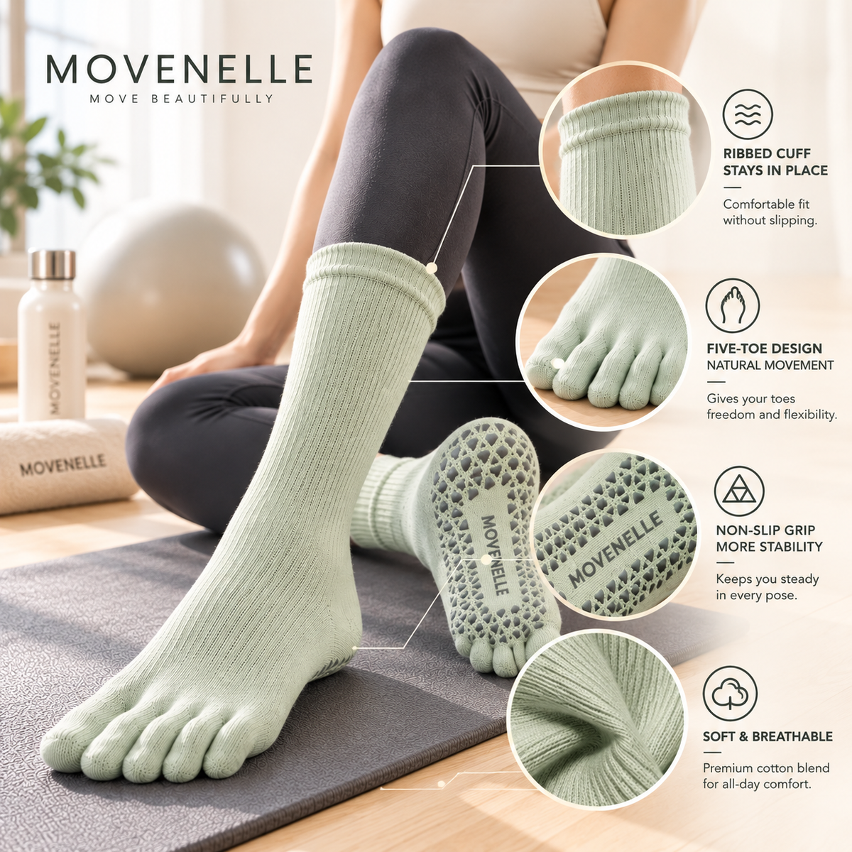 Mid-Calf Five-Toe Grip Socks | Pilates & Yoga Non-Slip Socks