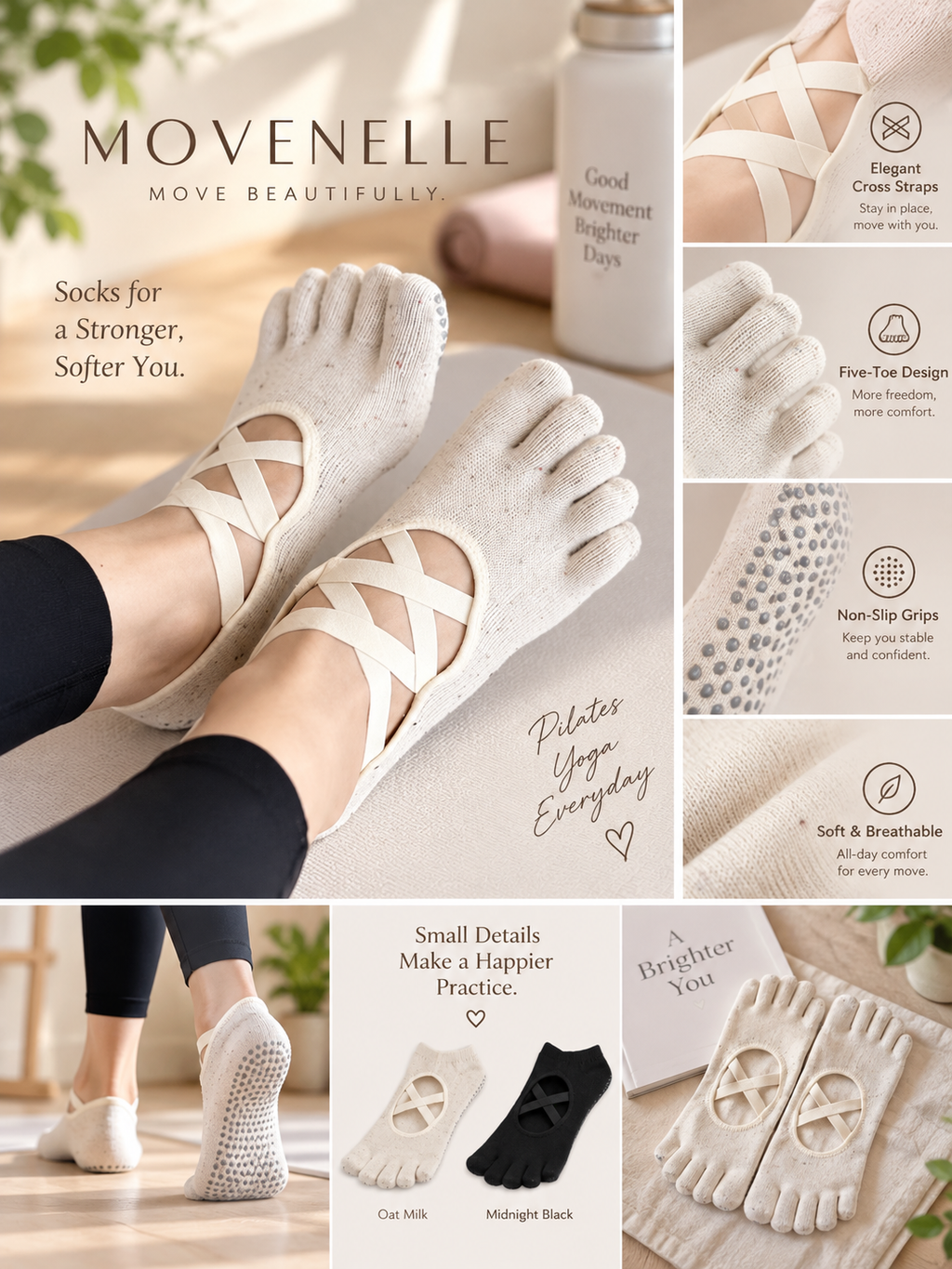 MOVENELLE ballet cross grip five-toe socks for Pilates, yoga and barre