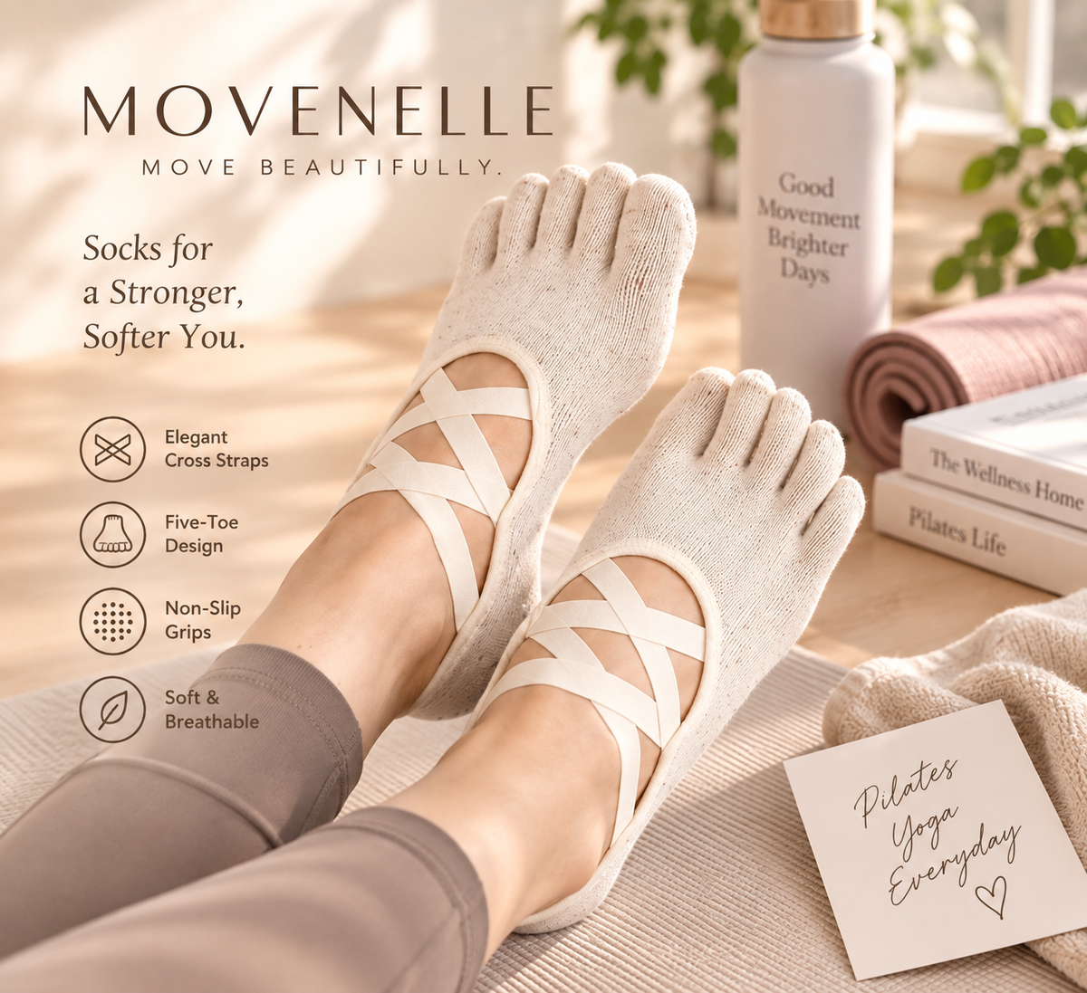 MOVENELLE ballet cross grip toe socks benefits and studio lifestyle