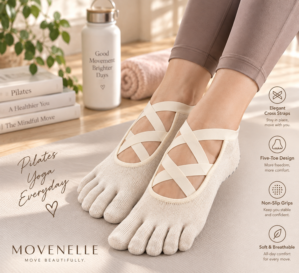 MOVENELLE Oat Milk ballet cross grip toe socks with product features