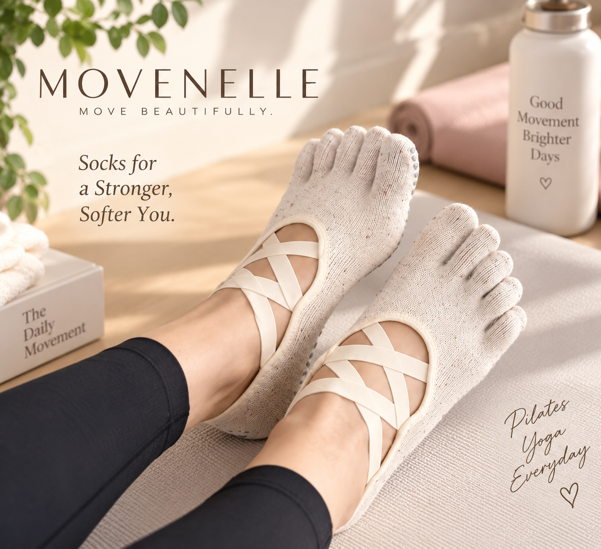 MOVENELLE Oat Milk five-toe Pilates grip socks lifestyle view