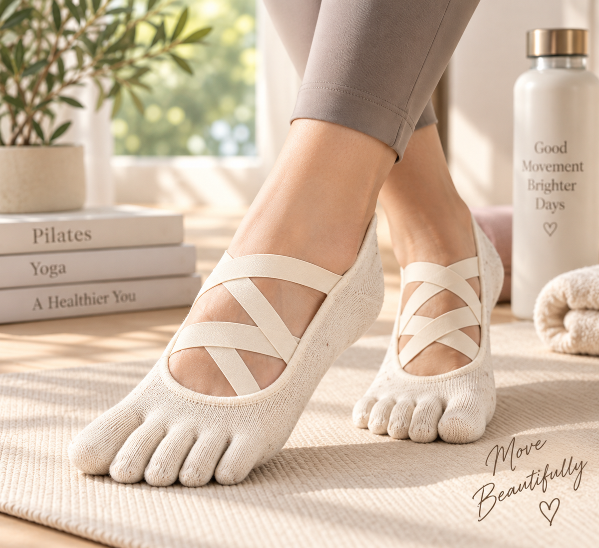 MOVENELLE Oat Milk ballet cross grip five-toe socks in Pilates studio