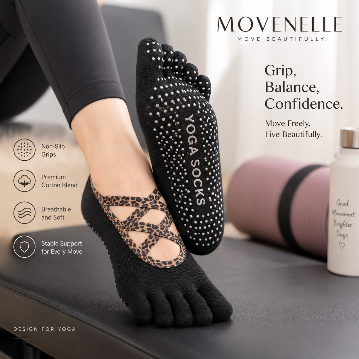 MOVENELLE black leopard cross-strap grip toe socks