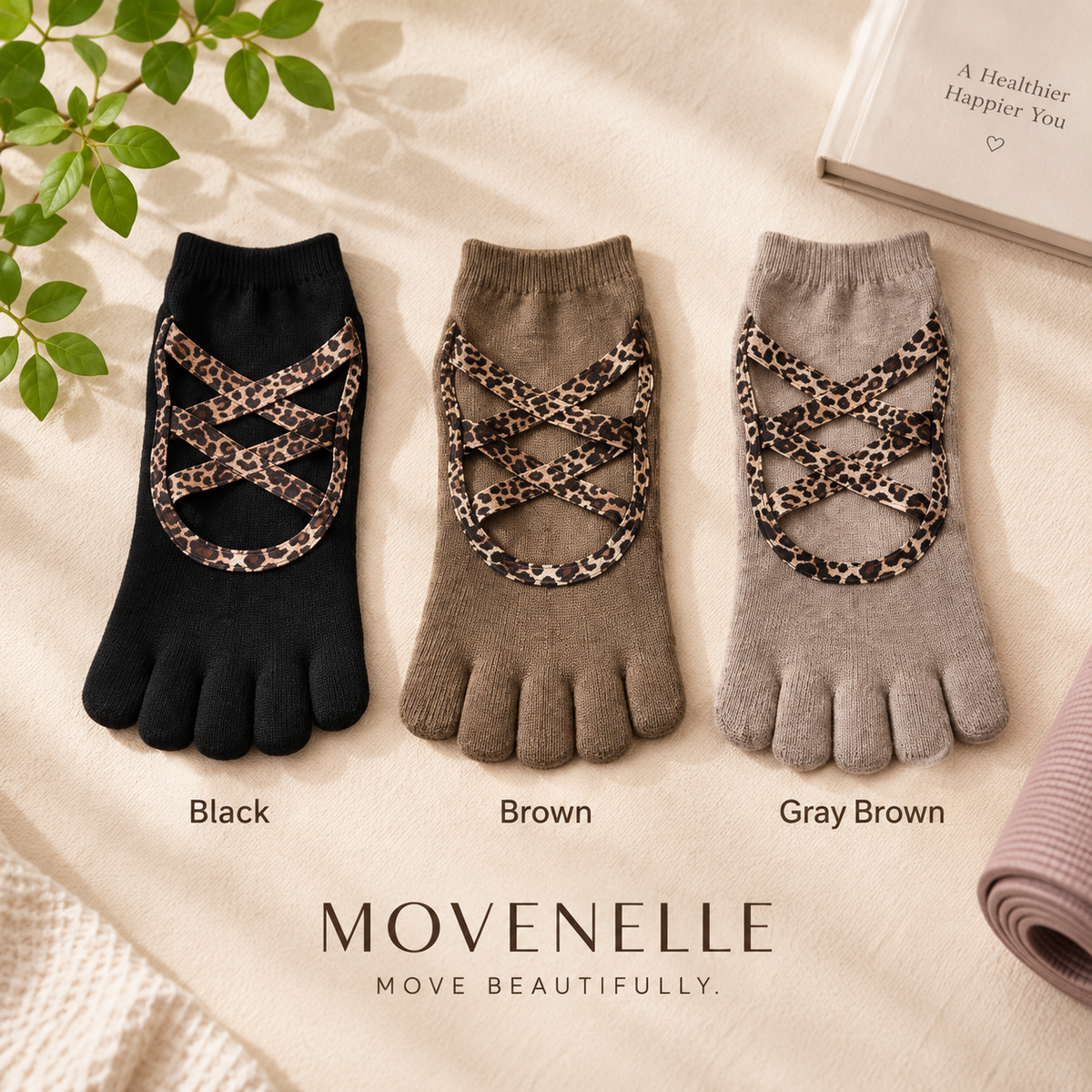 MOVENELLE leopard grip toe socks in Black Brown and Gray Brown