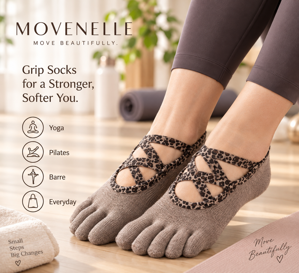 MOVENELLE leopard cross-strap five-toe grip socks lifestyle