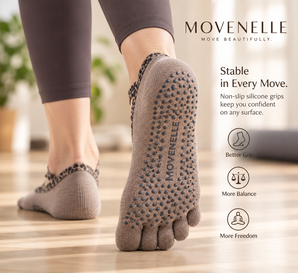 MOVENELLE leopard cross-strap grip socks non-slip sole